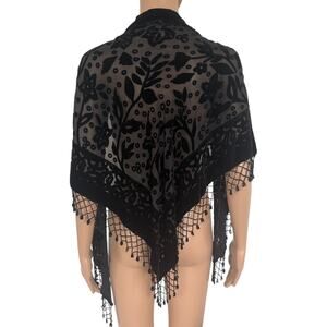 Vintage Black Burnout Velvet Beaded Fringe Shawl Scarf Gothic Y2K Rave Festival